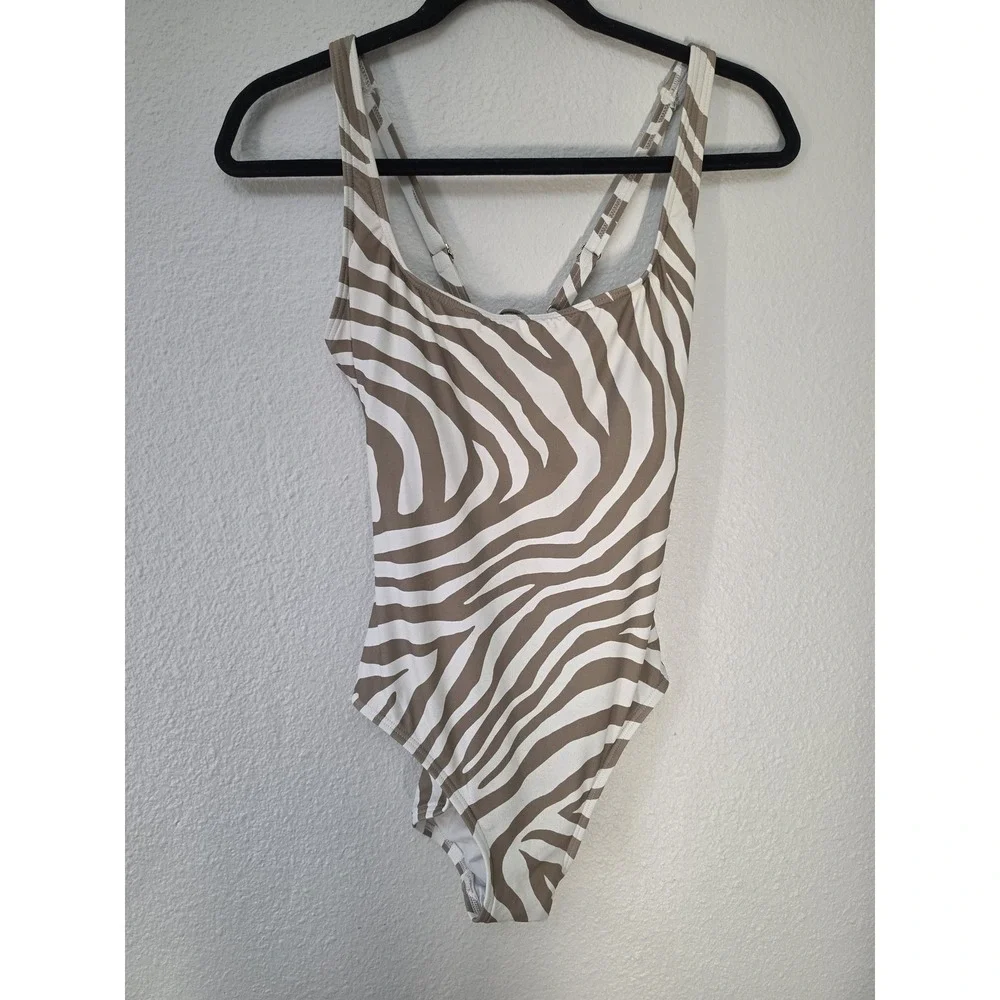 Michael Kors One Piece Swimsuit Size 12 Brown White Zebra Print Sleeveless